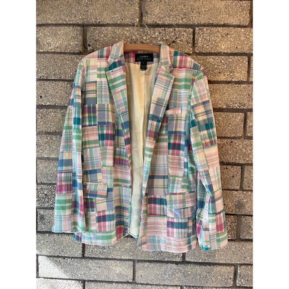 Lauren Ralph Lauren L Womens Multi-Color Plaid Patchwork Cotton Blazer Jacket Ou - Picture 1 of 7